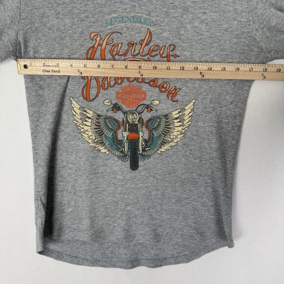 Harley Davidson Top Womens Medium Gray Waffle Knit Harley Graphic Spokane Biker - Picture 12 of 13